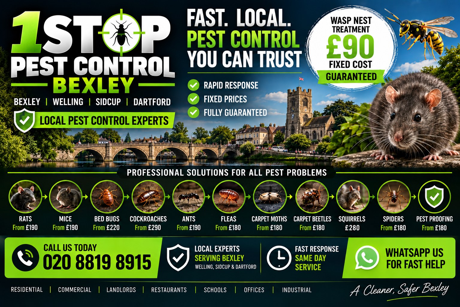 1STOP Pest Control Bexley - fast, local pest control for Bexley, Welling, Sidcup and Dartford. Wasp nest treatment &pound;90 fixed cost. Call 020 8819 8915.